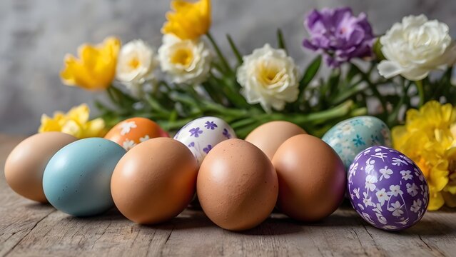  Easter eggs back side  flowers on table background bllured
