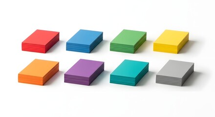 Fototapeta premium Eight vibrant stacks of sticky notes in red, orange, yellow, green, blue, purple, teal, and gray colors arranged in two rows on a white background.