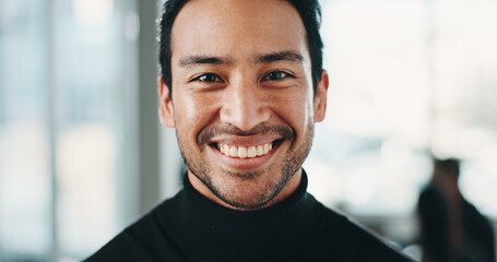Obraz premium Finance, portrait or Asian man in agency with smile, career or ambition as funding advisor. Happy, flare or investment consultant in workplace with pride, confidence or experience in risk management.