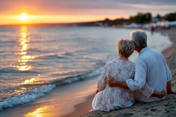 Fototapeta premium Elderly Couple Enjoying Golden Sunset on Beach