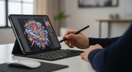 Fototapeta premium Artist using a stylus on a tablet with a colorful digital illustration displayed.