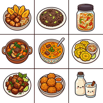 Haitian food collection featuring griot pikliz and soup joumou cartoon vector illustration