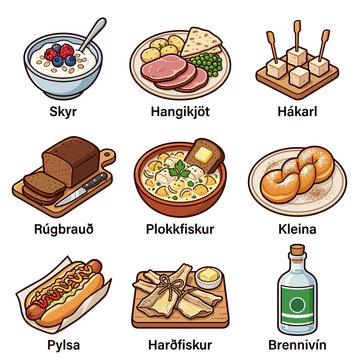 Icelandic traditional food and drink icons collection vector illustration isolated