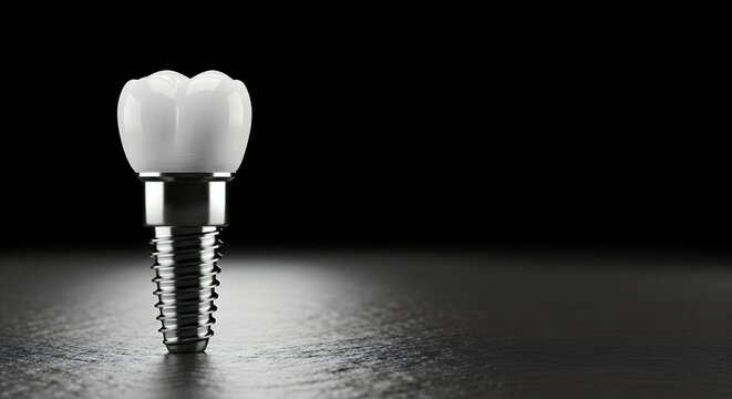 Single dental implant stands upright. White crown attached to metallic base. Dark surface beneath with soft lighting. High contrast against black background. Professional dental restoration imagery