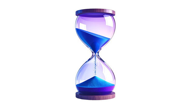 Glowing blue sand descends within an ornate glass hourglass on a solid black background