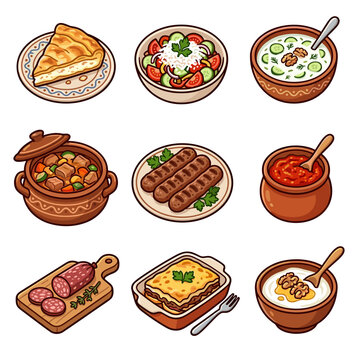 Traditional Bulgarian and Balkan cuisine dishes set isolated on white vector illustration