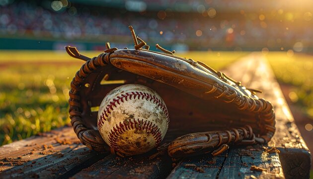 Close-up of a baseball nestled within a worn leather glove on a wooden bench at a sun-drenched baseball field, ready for the game