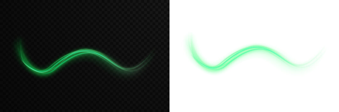 Curve green line light effect and smooth light line with lighting effects. Green light whirlwind and curve light effect for festive decoration. Glowing green swirl PNG overlay.
