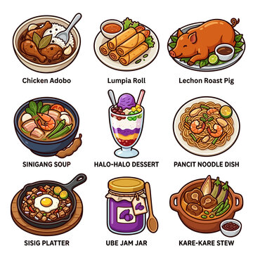 Traditional Filipino food collection featuring iconic dishes on white background vector illustration