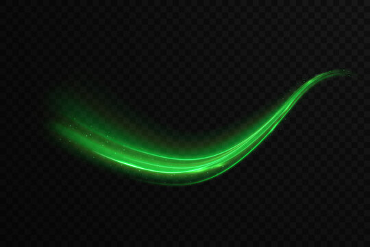 Semicircular green wave and light vortex. Abstract green light lines of movement. Neon glow flare and shiny green speed lines effect vector PNG background for creative projects.