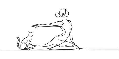 Obraz premium Continuous one line drawing of woman doing yoga downward dog pose with cat on her back minimalist health wellness vector.