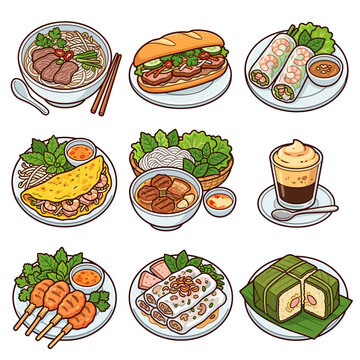 Vietnamese traditional street food icons set featuring pho and banh mi cartoon vector illustration