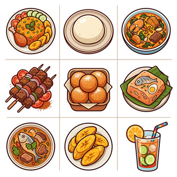 Assorted traditional Nigerian food dishes including jollof rice and suya vector illustration set