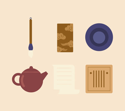 Traditional Oriental Tea Ceremony and Calligraphy Art Set with Teapot, Ink Stone, Brush, Bamboo Scroll and Paper Scroll Vector Illustration