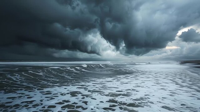 Dramatic storm clouds over ocean waves on a dark beach
