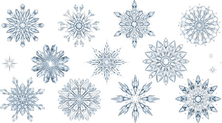 Fototapeta premium Blue Snowflake Ornament Collection with Detailed Winter Crystal Designs, Decorative Ice Patterns, Symmetrical Shapes, and Elegant Seasonal Holiday Elements Set.