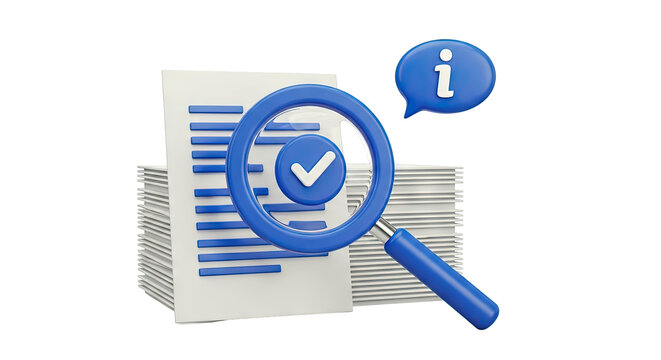 Magnifying glass over documents with checkmark and information icon