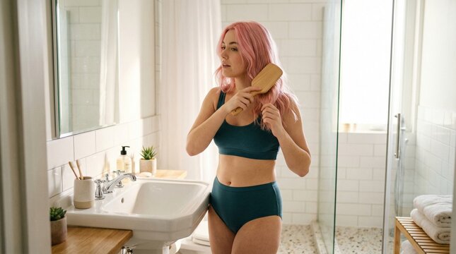 Woman with pink hair brushing her hair in modern bathroom  