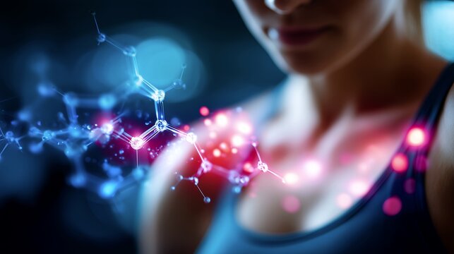 Growth hormone molecules with female body sculpting science concept
