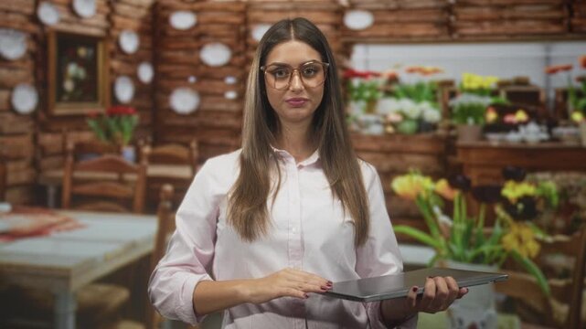 Woman with glasses smiling holds laptop and gives thumbs up gesture in studio set with flowers and wooden decor; confidence helpfulness.