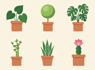 Fototapeta premium Indoor Potted Plants and Houseplants Set with Monstera, Bamboo, Succulent, Cactus and Decorative Greenery in Clay Pots Vector Nature Illustrations
