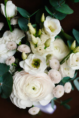 Fototapeta premium Macro Photography of Wedding Ranunculus and White Flowers with Eucalyptus
