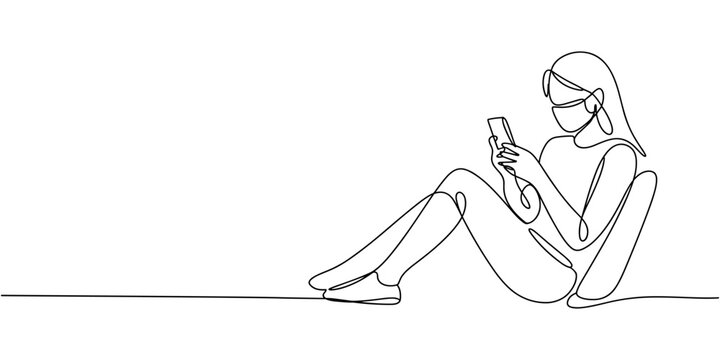 Single one line drawing  young girls sitting and looking at their smartphone screen. Hangouts With Friends concept. Continuous line draw design graphic vector illustration.