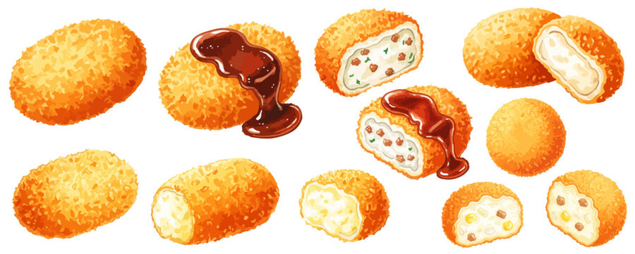 コロッケの水彩風イラストセット,ポテト・クリーム・メンチ,断面・ソース・揚げたて素材集