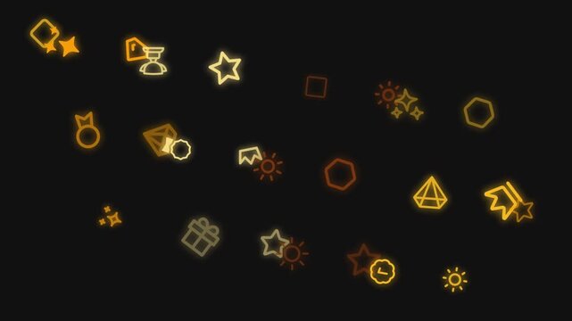 Dynamic Abstract Icons and Symbols on Black Background for Creative Design Project with Geometric Stars and Shapes
