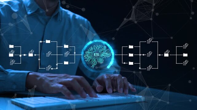 Ai Futuristic holographic data interface file folder digital manage documents cloud big database paperless search scanning Ai business virtual screen Automation Storage office artificial intelligence