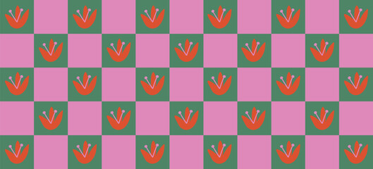 Seamless Retro Checkered Floral Pattern – Whimsical Hand Drawn Dopamine Design for Joyful Branding