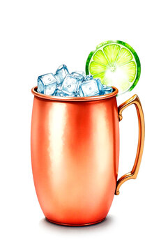 Watercolor Moscow Mule cocktail illustration in copper mug isolated on white background.