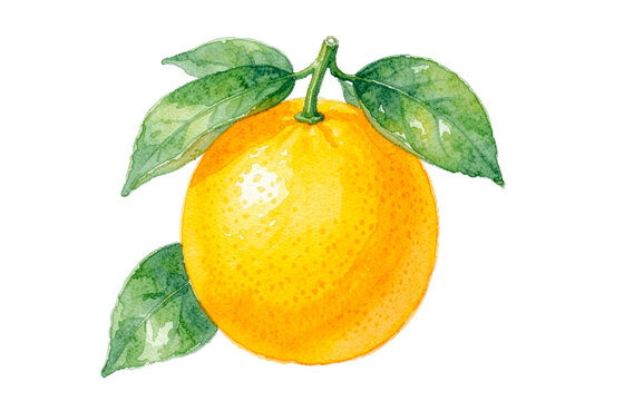 Watercolor orange fruit illustration with green leaves isolated on white background.