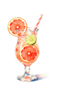 Watercolor Paloma cocktail illustration isolated on white background.