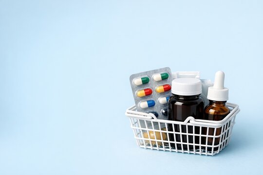 close-up of miniature shopping basket with medicinal products on smooth pastel blue background. concept of health care, cold and flu season, or pharmaceutical advertising