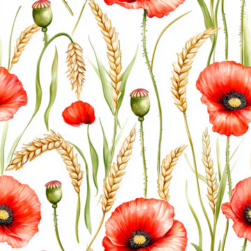 Seamless watercolor pattern with red poppies and golden wheat.