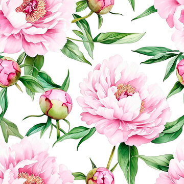 Seamless watercolor pattern with pink peonies and flower buds.