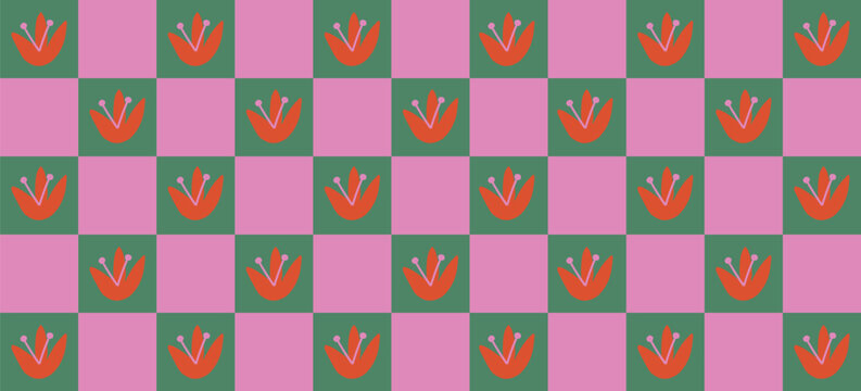 Seamless Retro Checkered Floral Pattern &ndash; Whimsical Hand Drawn Dopamine Design for Joyful Branding