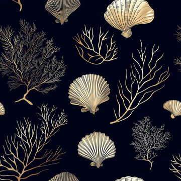 Seamless luxury line art pattern with golden seashells and sea corals.