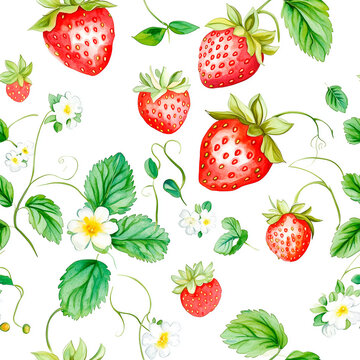Seamless watercolor pattern with ripe strawberries, white flowers and mint leaves.