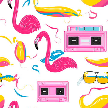 Seamless retro 80s beach pattern with cassette players, sunglasses and flamingo floats.