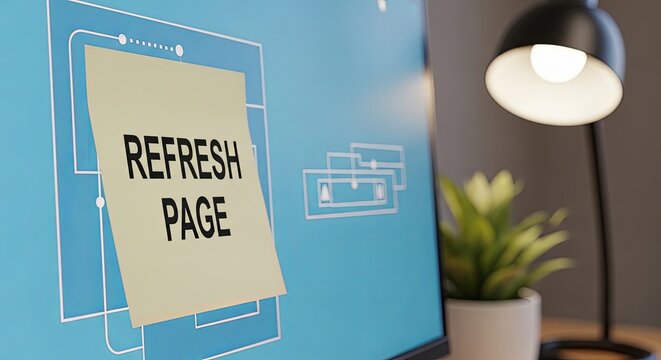 Refresh Page Note on Computer Screen with Desk Lamp and Plant