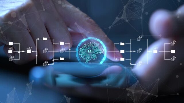 Futuristic concept of AI and digital data transformation. Person holding a smartphone over a laptop keyboard with digital overlays of an AI brain, file folders, and interconnected network nodes. 
