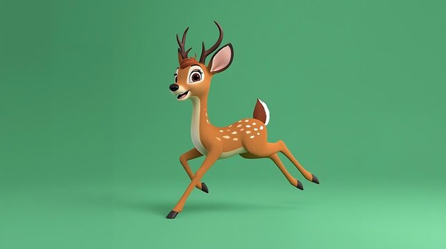 Cute 3d animated young deer with antlers running and jumping on a solid green background