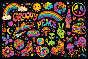 Fototapeta premium Cartoon groovy summer stickers 70s. Cute retro characters. Hippie style, set cute labels. Isolated on black background 