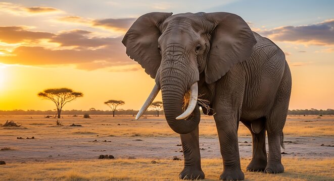 Large elephant standing in savannah landscape.