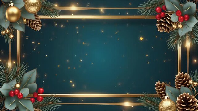 Golden Frame with Festive Pine Cones and Holly Berries on Dark Starry Background