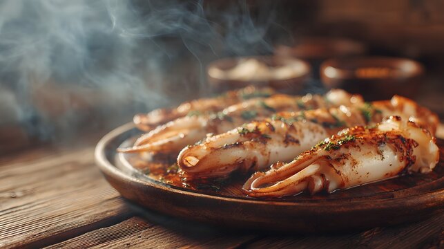 Grilled squid psito kalamari on plate with smoke.