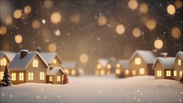 Cozy Snowy Village Night with Warm Lights and Falling Snowflakes