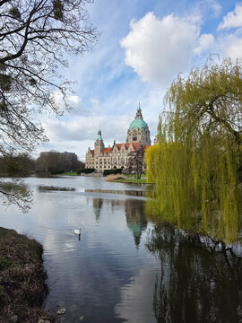 Peaceful urban green space with reflective water and elegant bird Maschpark Hanover
